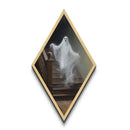 The Ghost On The Stairs, Haunted Mansion Oil Painting Print, Diamond Shaped Halloween Wall Art