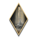 Diamond Shaped Art Cozy Ghost by Window Canvas Art Print, Gothic Autumn Spirit Decor, Dark Academia Haunted House Halloween Artwork