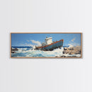 Man Vs. Ocean, Tugboat Crashing On The Rockets, Framed Canvas Print, Nautical Decor, Nautical Centerpiece