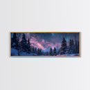 Starry Night Northern Lights, Framed Canvas Print, Beautiful Night Sky Over A Snow Capped Forest, Winter Landscape Painting, Purple Skies