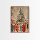 Large Christmas Tree in Snowy Town Square with People Gathering for the Holidays, Framed Canvas Print for Christmas Wall Art