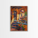 Colorful Mediterranean Courtyard Framed Canvas Print Spanish Tile Art Best Gift Idea Home Decor Above Sofa Wall Art Bright Seasonal Decor