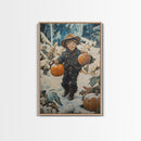 Cowboy Christmas Decor Framed Canvas Print with Pumpkin in Snow, Rustic Holiday Home Wall Art and Seasonal Gift Idea 2024