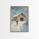 Cowboy Walking in Snow Scene Framed Canvas Print - Moody Landscape Art for Winter Home Decor 2024 Rustic Winter Wall Art