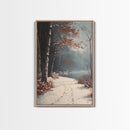 Framed Canvas Print of a Snowy Path with Trees and Red Leaves, Winter Wall Art, Moody Landscape, Best Gift Idea, Modern Christmas Decor