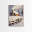 Rustic Cabin In Snow Framed Canvas Print Wall Art Christmas Home Decor, Winter Landscape Art, Cozy Winter Cabin Scene