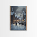 Traditional Victorian Christmas Village in Snow, Classic Christmas Wall Decor for Winter Wonderland Theme, Framed Canvas Print