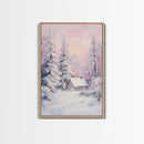 Pink Snowy Cabin Landscape Framed Canvas Print Wall Art Winter Wonderland Decor, Christmas Art Gift, Rustic Winter Scene Art