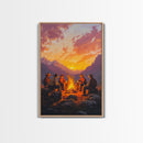 Red Barn at Fall Sunset Framed Canvas Print, Warm Autumn Landscape with Cows in Pasture, Perfect Wall Art for Country and Farmhouse Homes