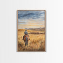 Cowboy leading cattle across golden prairie, Framed Canvas Print, western landscape wall art for rustic farmhouse decor, gift idea holiday