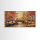 Autumn Bridge Over Quiet River Tall Art Framed Canvas Print Serene Fall Landscape With Colorful Foliage And Peaceful Reflections