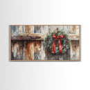 Rustic Wreath Red Ribbon Canvas Print Christmas Door Decor Farmhouse Christmas Wall Art Framed Canvas Print Christmas Outdoor Decor