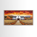 Autumn pumpkin farm with barn, canvas print, fall farmhouse decor, rustic autumn home decor, cozy fall harvest wall art for seasonal display