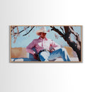 Autumn-themed portrait Framed Canvas Print of a woman in a cowboy hat holding a cup of coffee, surrounded by fall leaves, cozy fall decor