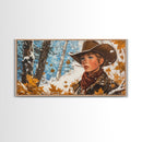 Western-inspired Framed Canvas Print of a woman on horseback in a snowy mountain landscape, holiday wall art and winter wonderland vibes