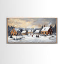 Snowy Village Church Scene, Rustic Christmas Landscape Wall Art, Winter Wonderland Framed Canvas Print, Country Holiday Home Decor