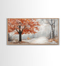 Misty Forest Path with Orange Leaves Framed Canvas Print, Ideal Autumn Decor or Fall Wall Art for Cozy Home Interiors
