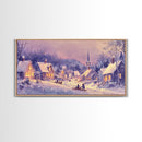 Serene Christmas Village Framed Canvas Print, Snowy Winter Landscape with Families Sledding in a Cozy Neighborhood Holiday Art