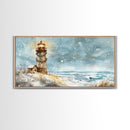 Coastal Christmas Lighthouse Decor Framed Canvas Print, Snowy Beach Scene with Holiday Wreath and Lighthouse Winter Wall Art