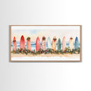 Surfboard Christmas Decor Framed Canvas Print, Coastal Holiday Scene with Festive Garland and Beachy Vibes Tropical Christmas Art