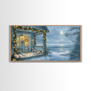 Rustic snowy mountain cabin with Christmas lights, Framed Canvas Print a cozy winter scene, perfect for winter wonderland wall decor