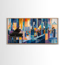 Abstract jazz party scene with grand piano, colorful stained glass aesthetic, framed canvas print ideal vibrant music wall art decor