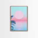 Vaporwave Sunset Framed Canvas Print with Wood Frame, Boho Style Minimalist Home Decor, Vertical Wall Art, Beach Painting