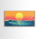 Retro Sunset Over The Ocean, Framed Canvas Print, Beautiful Synthwave Horizontal Wall Art