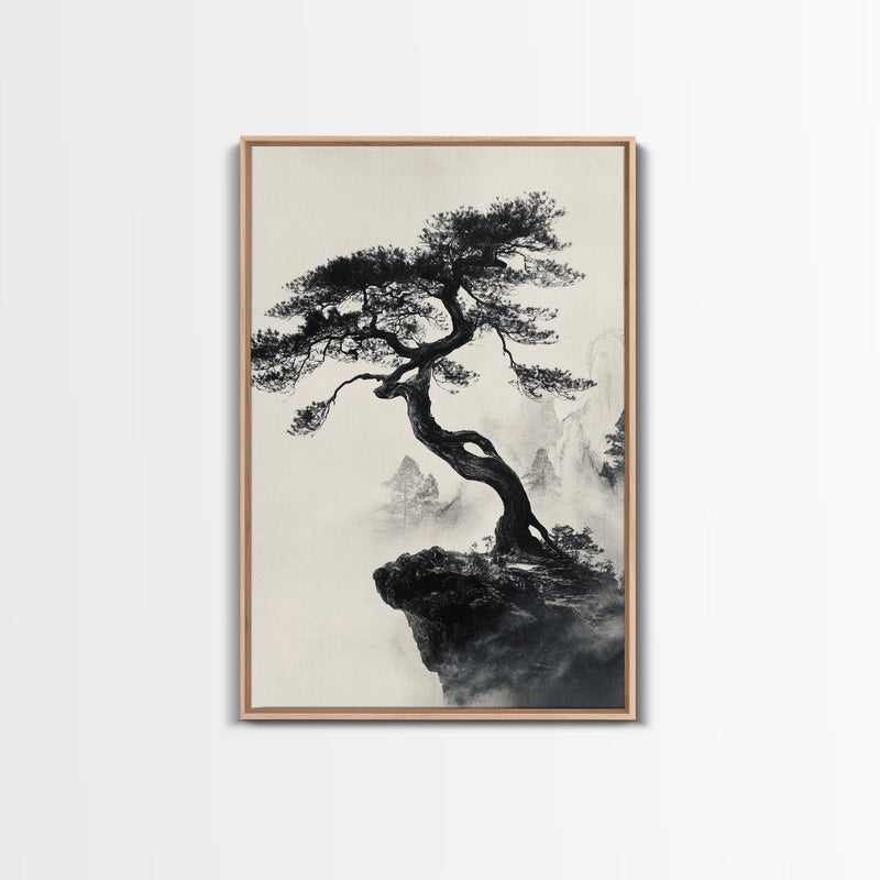 Bonzai Tree on a Cliff Wabi Sabi Painting Print, Wood Framed Wall Art,