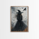 The Witch and her Crows, Framed Canvas print, Spooky Season Halloween Wall Art, Gothic Home Decor, Witch Wall Art, Halloween Art