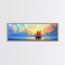 Japanese Sailboat on a Calm Sea, Framed Canvas Print, Panoramic Seascape Landscape Painting, Nautical Home Decor, Ocean Painting