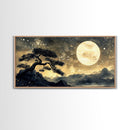 Bonzai Tree Under a Full Moon, Framed Canvas Print Ready To Hang, Minimalist Wabi Sabi Japanese Style Artwork, Above Sofa Wall Art, Home Decor