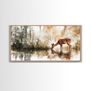 Young Doe Drinking Water In The Forest Framed Canvas Print, Painting of a Deer drinking Water, Gift for Hunter, Outdoorsman Gift, Cabin Art