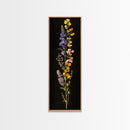 Elegant Wildflower Botanical Art - Framed Canvas Print Featuring Vertical Array of Vibrant Blooms on Dark Background