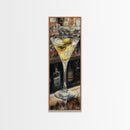 Realistic Martini Glass with Olives, Classic Cocktail Art, Bar Scene Canvas Print, Retro Kitchen Decor, Olive Martini Painting