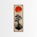 Bold Red Sun Pine Tree Framed Canvas Print Japanese Inspired Minimalist Wall Art Rustic Zen Decor Unique Vertical Nature Artwork