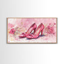 Pink Heels Painting Framed Canvas Print, Feminine Art Gift Idea, Light Pink Wall Art, Cottagecore Decor, Rustic Original Artwork