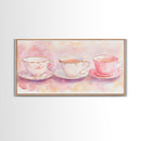 Vintage Tea Cups Artwork with Pink Wall Art Vibes on Framed Canvas Print, Cottagecore Style Kitchen or Dining Room Decor Gift