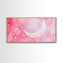 Crescent Moon and Stars Design in Pink Wall Art Style on Framed Canvas Print, Nursery or Bedroom Light Pink Whimsical Art