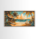Sunset Surf Shack Canvas Print Nautical Wall Art Coastal Painting Rustic Decor Tropical Landscape Art Extra Wide Art Bedroom Art