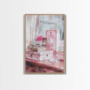 Vintage Vanity Decor Canvas Print, Pink Floral Art, Feminine Bedroom Wall Art, Cottagecore Rustic Aesthetic, Gift Idea, Light Pink Art