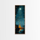 Moonlit Campfire, forest at dusk painting, moody art, rustic decor, vertical wall art, boho art, Canvas Print