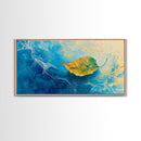 Leaf in Water, blue and green wall art, coastal decor, wabi sabi art, extra wide art, panoramic painting, Canvas Print, gift idea