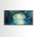 Mystical River, Framed Canvas Print, landscape painting, moody art, forest at dusk painting, teal wall art, extra wide art