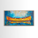 Golden Canoe, Framed Canvas Print, fisherman painting, lake Tahoe art, rustic decor, nautical decor, extra wide art, landscape painting