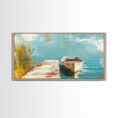 Wooden dock, rowboat, lake, marsh painting, fisherman painting, coastal decor, rustic wall art, framed canvas print, guest room art