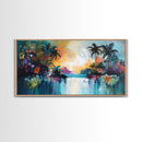 Tropical Sunset, Canvas Print, palm tree painting, coastal decor, wildflower painting, extra wide art, beach wall art
