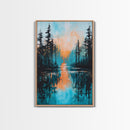 Sunset Reflection, pine tree art, landscape painting, teal wall art, Joshua tree art, framed canvas print, extra wide art