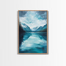 Serene Lake Reflection, lake Tahoe art, panoramic painting, above couch art, blue and green wall art, Framed Canvas Print