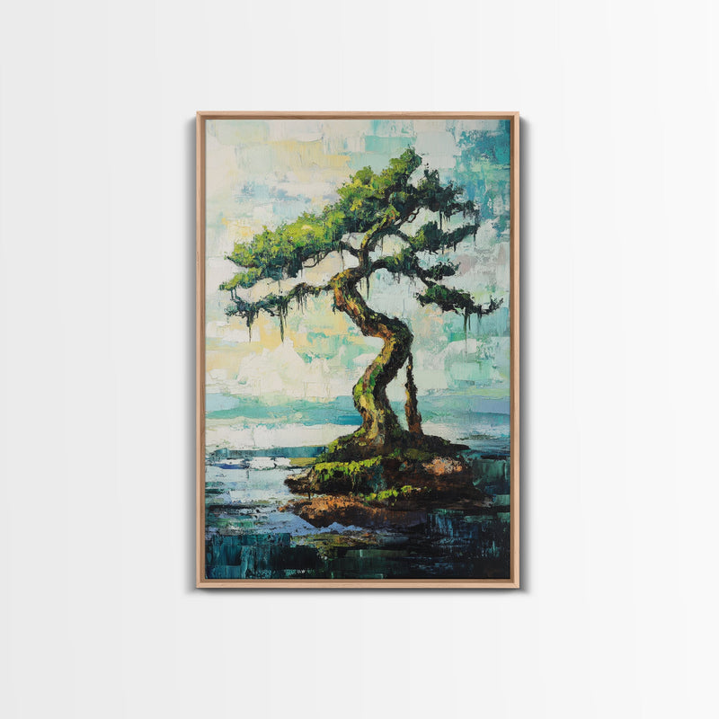 bonsai tree wall decal bonsai tree painting, zen wall art, coastal landscape art, blue and green wall art, wabi sabi art, Framed Canvas Print, botanical prints